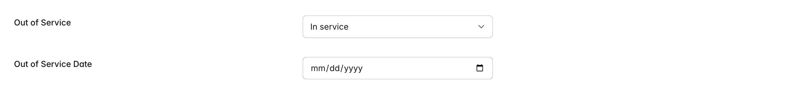 Form fields for taking a firearm out of service, with a status dropdown set to In service and an Out of Service Date input.