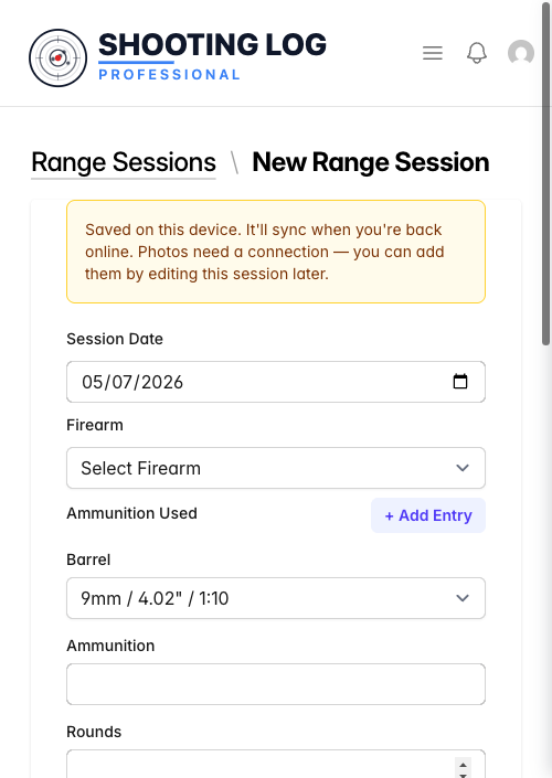 Phone-sized screenshot of the new range session form with an amber notice at the top reading: Saved on this device. It'll sync when you're back online. Photos need a connection — you can add them by editing this session later.