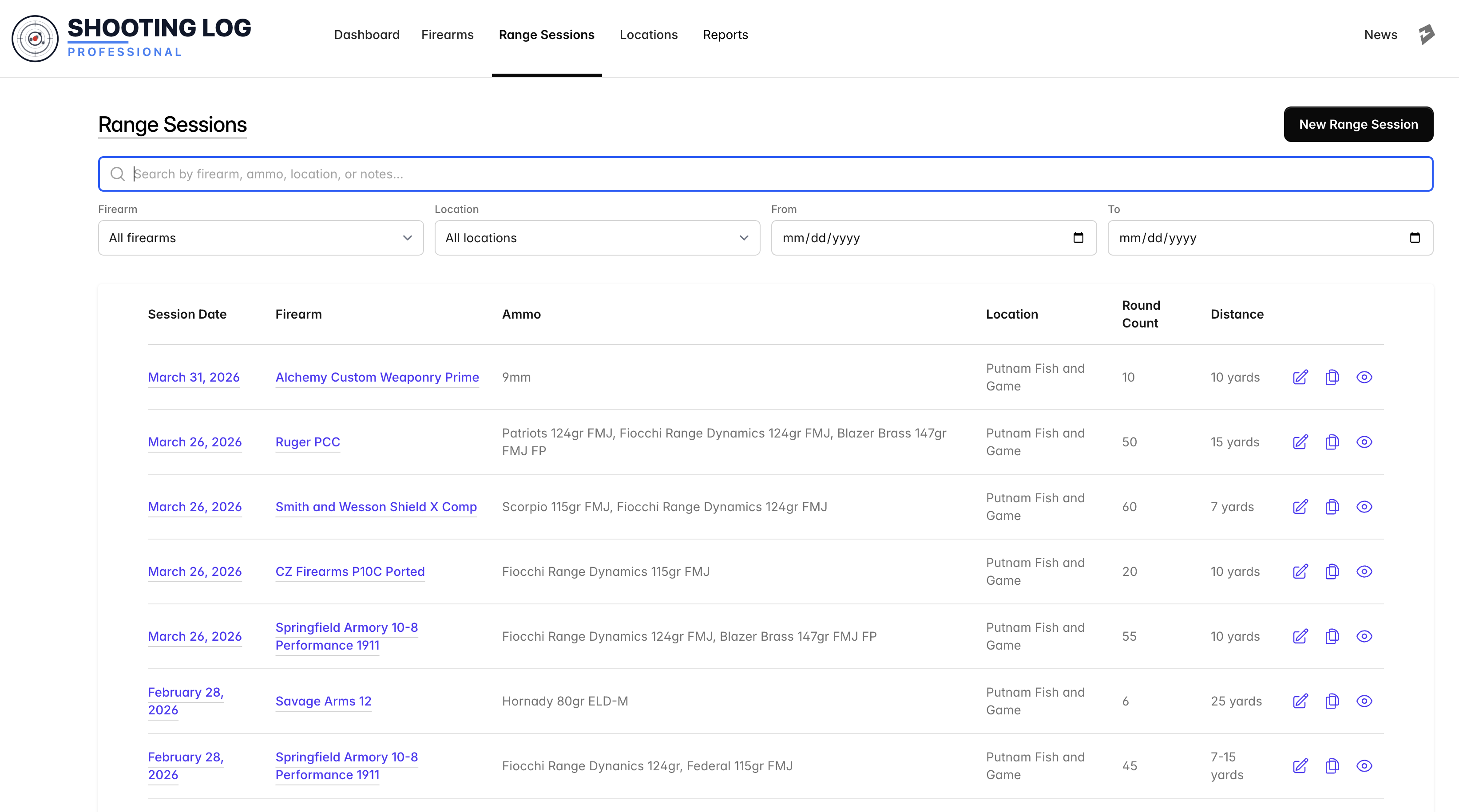 Range Sessions index page with a search field for firearm, ammo, location, or notes, plus filter dropdowns for firearm and location and From / To date pickers — and the matching sessions listed below.